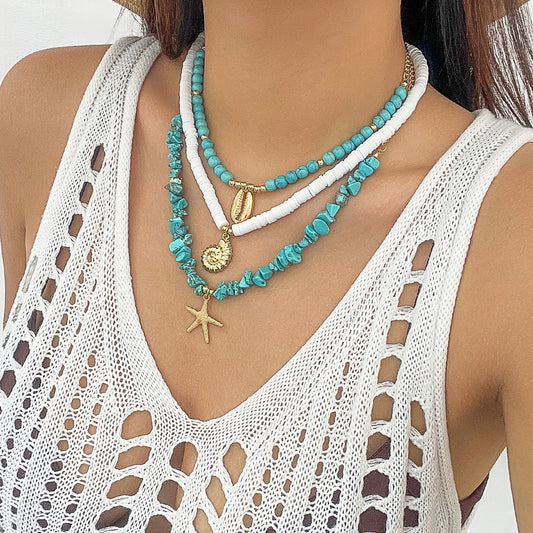 Ocean Wind Shell & Turquoise Multi-Layer Necklace - Beach Starfish Accessories