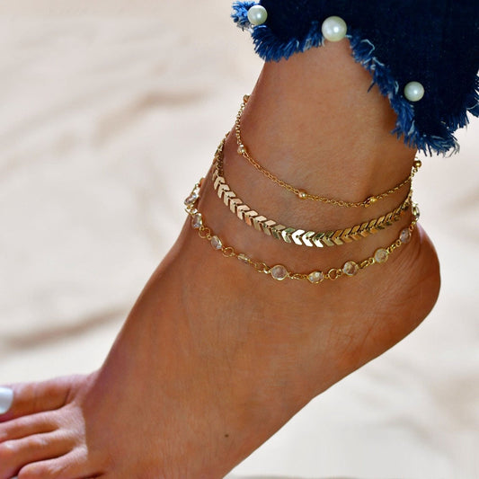 Vintage Crystal Anklet Set - Handmade Summer Beach Accessories (3Pcs)